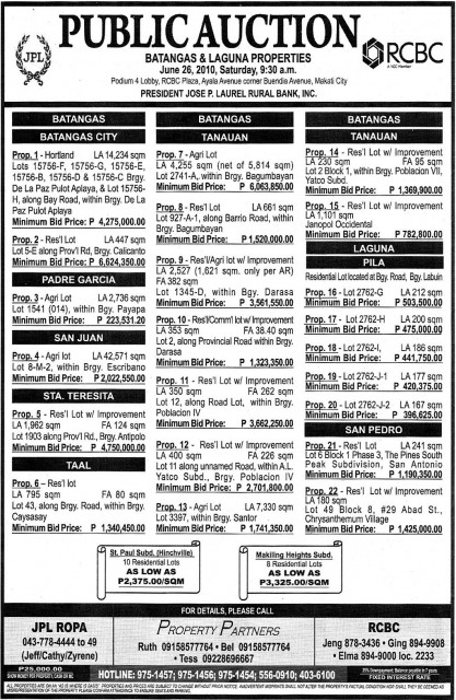 JPL RCBC BATANGAS AUCTION manila bulletin jun 13 2010