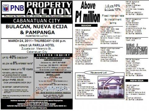 pnb foreclosed properties listing cabanatuan auction March 24, 2011