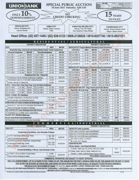 170th Union Bank foreclosed properties auction for VisMin slated on June 18 2011_