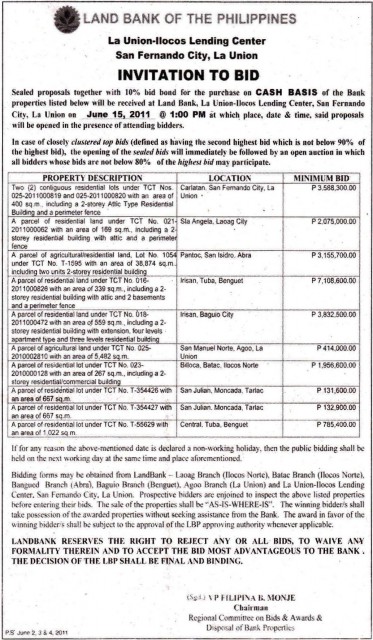 LANDBANK LA UNION-ILOCOS LENDING CENTER ACQUIRED ASSETS SEALED BIDDING - JUNE 15 2011