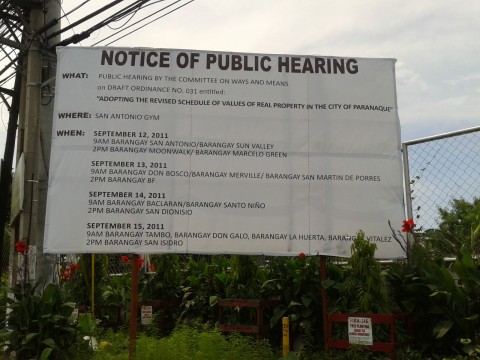 Adopting the revised schedule of values of real property in the city of Paranaque - public hearing