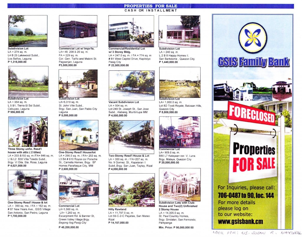 GSIS Family Bank foreclosed properties for sale from Housing Fair 2011 page 1 of 2