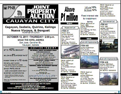 PNB Allied Bank Joint Property Auction Cauayan October 13 2011 listing