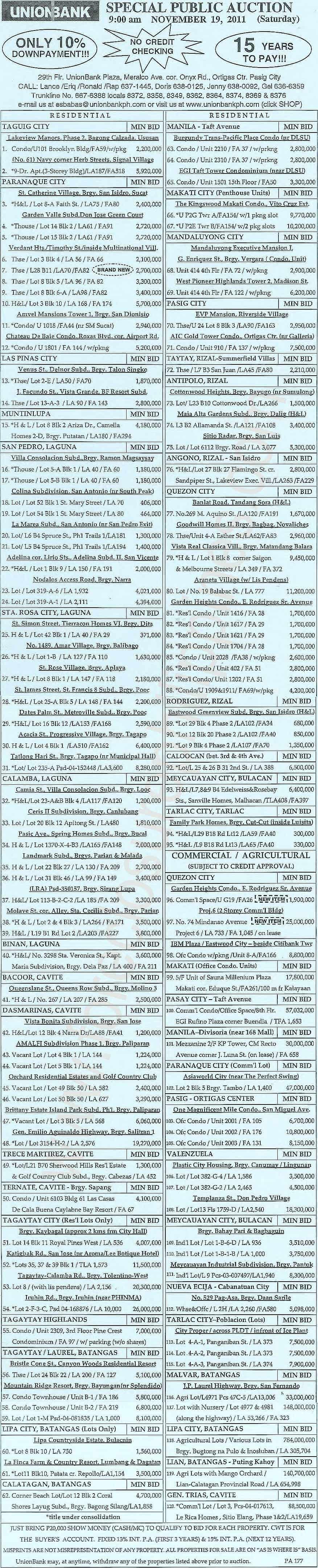 177th Unionbank foreclosed properties auction on November 19, 2011