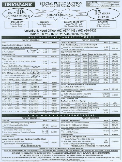 UNIONBANK 178th SPECIAL PUBLIC AUCTION VISMIN FORECLOSED PROPERTIES DECEMBER 10 2011 auction flyer_178SPA