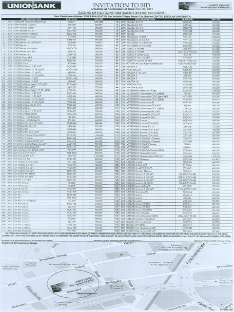 UnionBank Pre-owned Vehicles Bid List for November 28, 2011