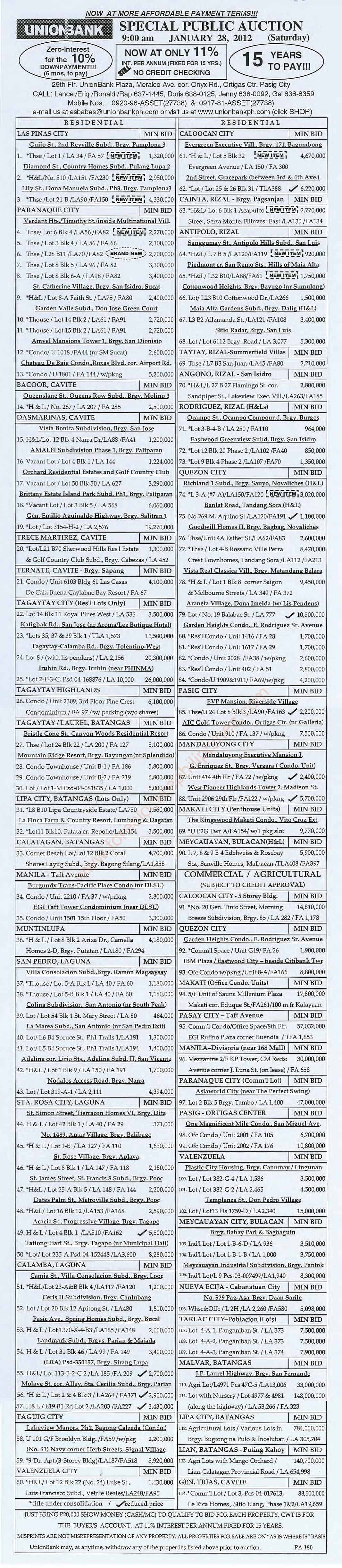 180th Unionbank foreclosed properties for sale through auction on January 28 2012 180th Unionbank foreclosed properties for sale through auction on January 28 2012