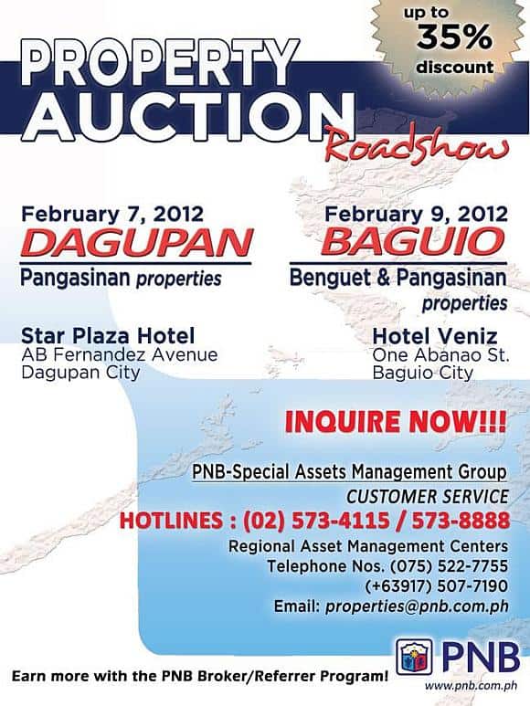 PNB foreclosed properties auction in Dagupan on February 7, 2012 and in Baguio on February 9, 2012