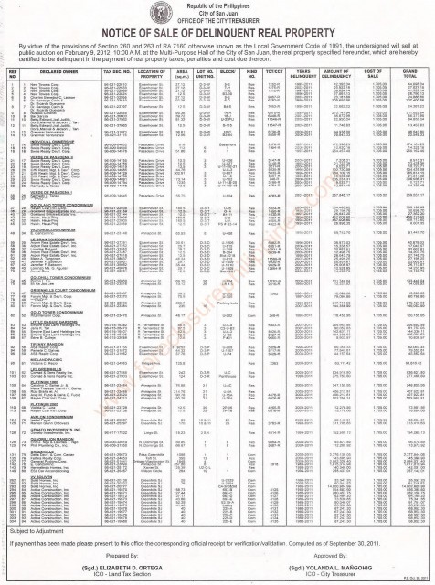 San Juan Tax Delinquent Properties auction on February 9, 2012