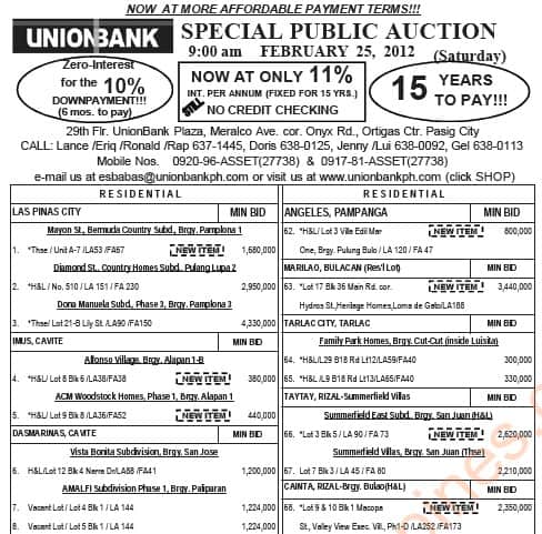 181st UnionBank foreclosed properties auction on February 25 2012 - PDF (click to download)