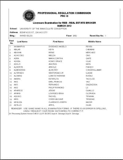 Real Estate Brokers Exam March 2012 Room Assignments (Davao)