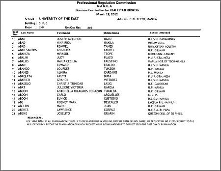 Real Estate Brokers Exam March 2012 Room Assignments (Manila)