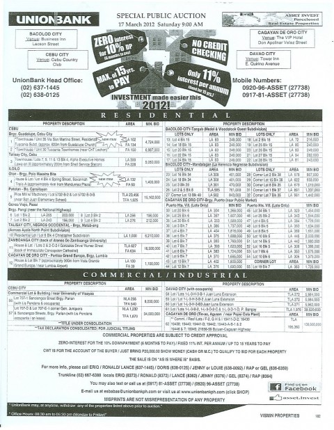 Unionbank forclosed properties 182nd Special Public Auction VISMIN Unionbank forclosed properties 182nd Special Public Auction VISMIN