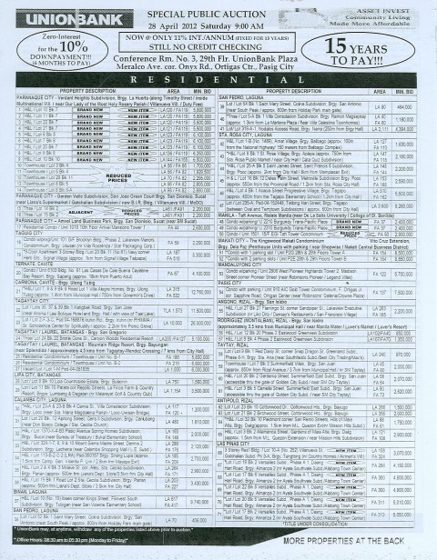 184th Unionbank Foreclosed Properties Auction on April 28, 2012 (page 1 of 2)