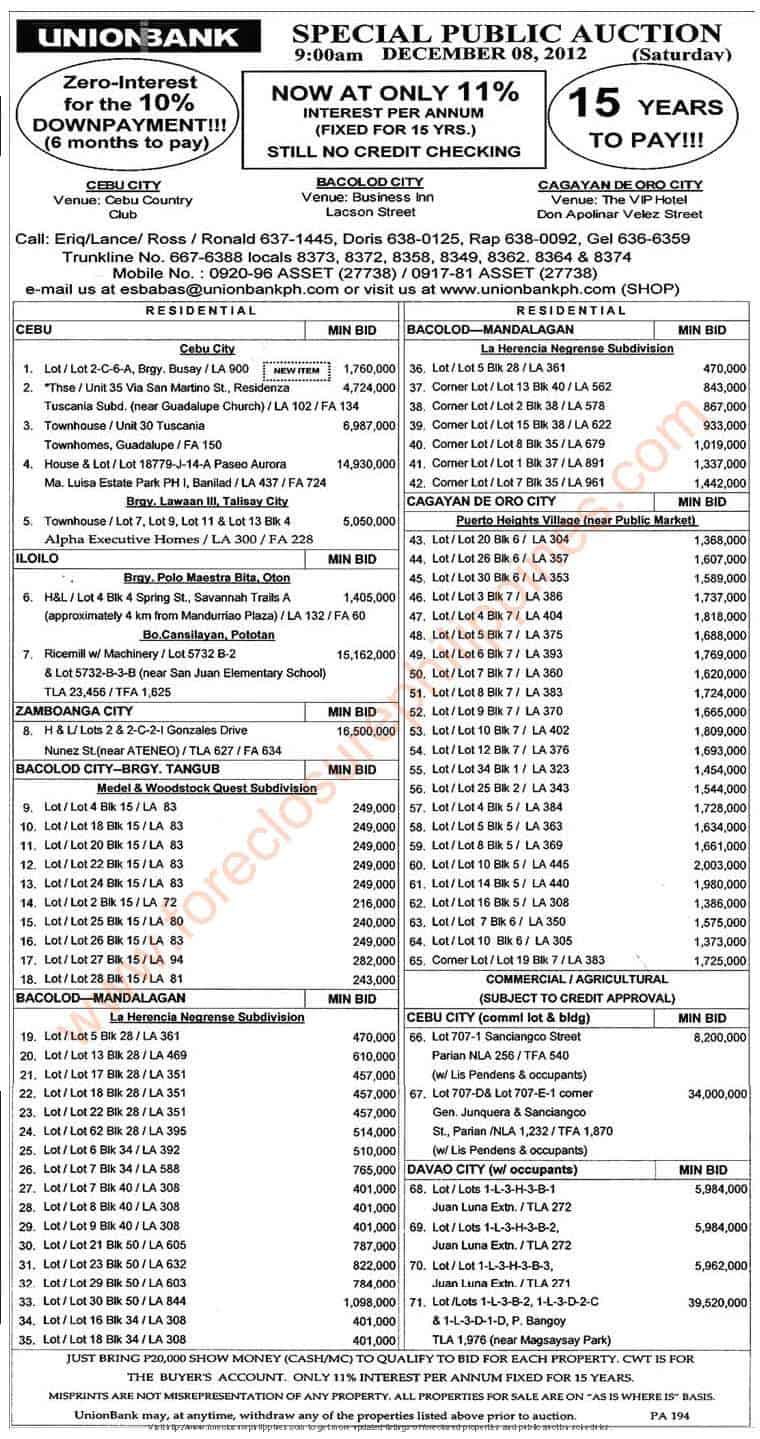 194th Unionbank foreclosed properties auction (VISMIN) on December 8, 2012