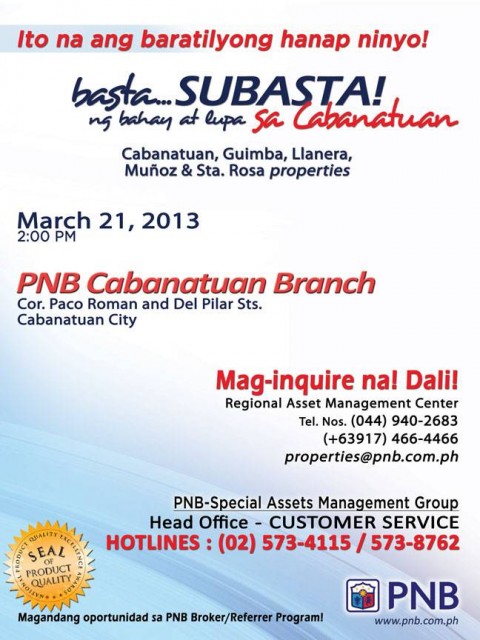 PNB Foreclosed Properties Subasta Cabanatuan March 21 2013