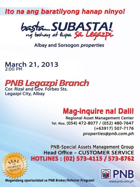 PNB Foreclosed Properties Subasta Legazpi March 21 2013