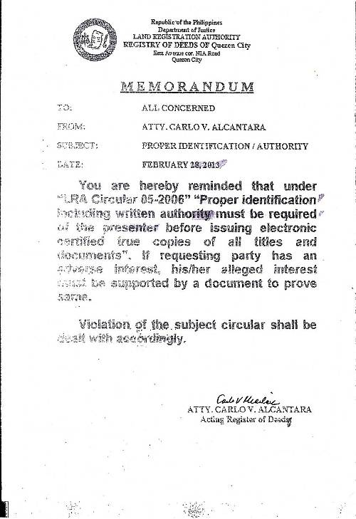 Quezon City Registry of Deeds memorandum for certified true copies of titles and documents