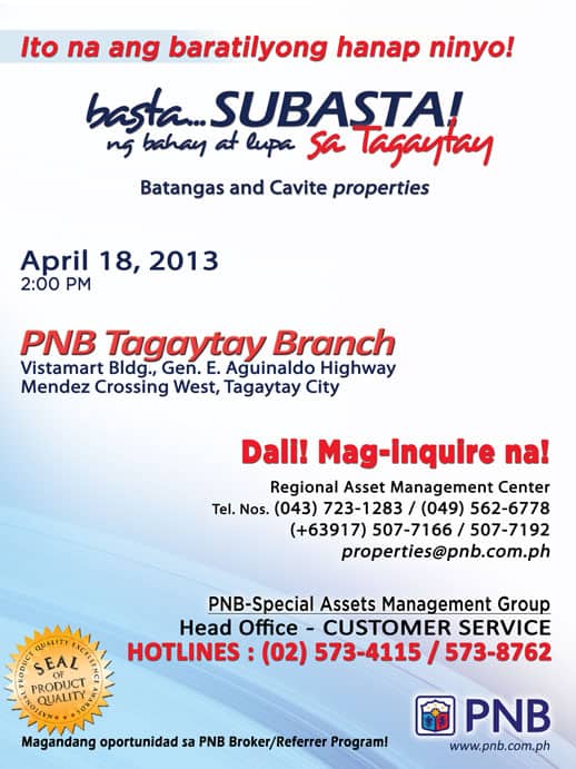 PNB FORECLOSED PROPERTIES TAGAYTAY AUCTION APRIL 18 2013