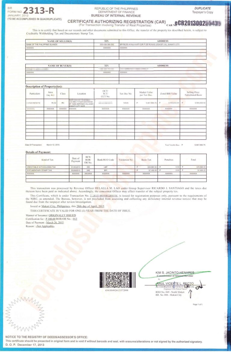 Getting Started 19 How to Secure A BIR Certificate Authorizing Registration (CAR) And Tax Clearance For The Sale Of Real Property Classified As A Capital Asset
