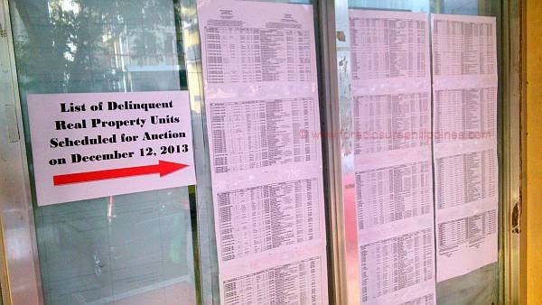 No real estate tax relief in Quezon City. The list of delinquent real property units scheduled for public auction on December 12 2013 can be seen just outside the tax payment lounge.