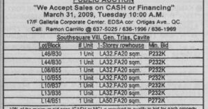 Robinsons Bank foreclosed properties auction slated on March 31, 2009
