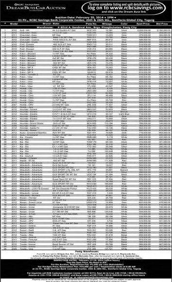 rcbc savings bank dream buys car auction on february 20 2014