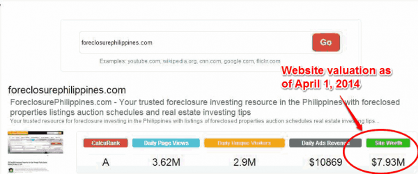 foreclosurephilippines.com website valuation as of April 1 2014