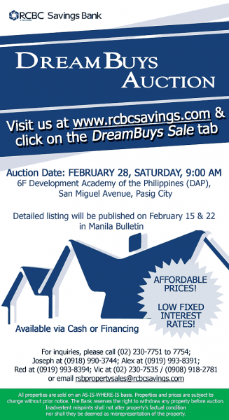 RCBC Savings Bank February 28 2015 auction