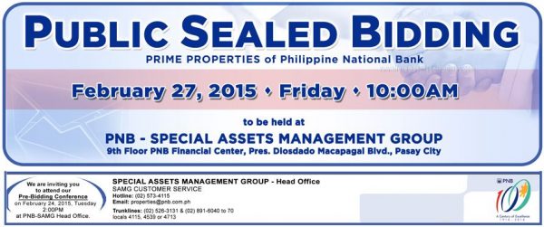 Prime PNB foreclosed properties and repossessed cars sealed bidding slated on February 27, 2015