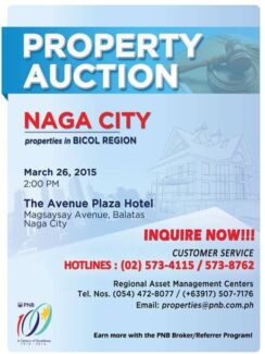 PNB FORECLOSED PROPERTIES AUCTION Naga City March 26 2015