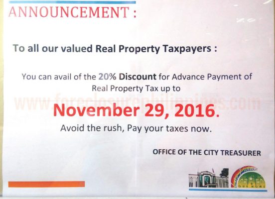 Announcement posted at the Las Pinas City Hall. NOvember 29, 2016 is the dealine to avail the 20% advanced payment discount on real property tax.