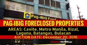 Auction of 407 Pag-IBIG Foreclosed Properties in Cavite, NCR, Rizal, Laguna, Batangas, Bulacan, slated on December 20, 2016
