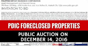 PDIC foreclosed properties auction slated on December 14, 2016