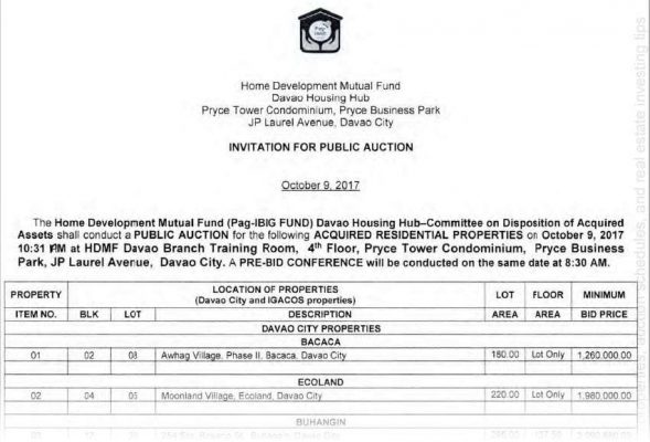 Auction of 118 Pag-IBIG foreclosed properties in Davao City and Samal (IGaCoS) slated on October 9, 2017 2 pag ibig foreclosed properties davao october 9 2017