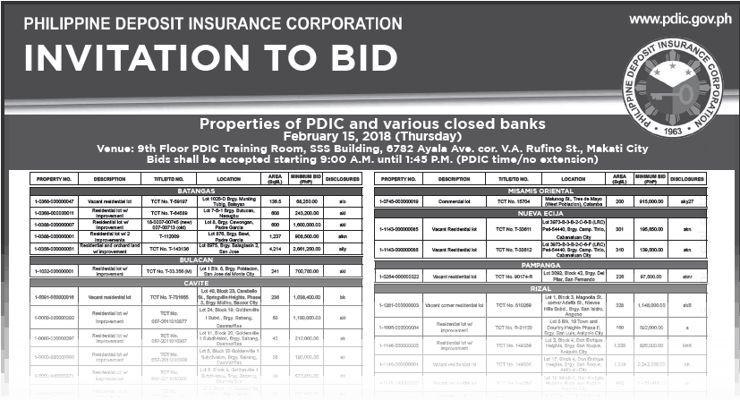 pdic foreclosed properties bidding february 15 2018