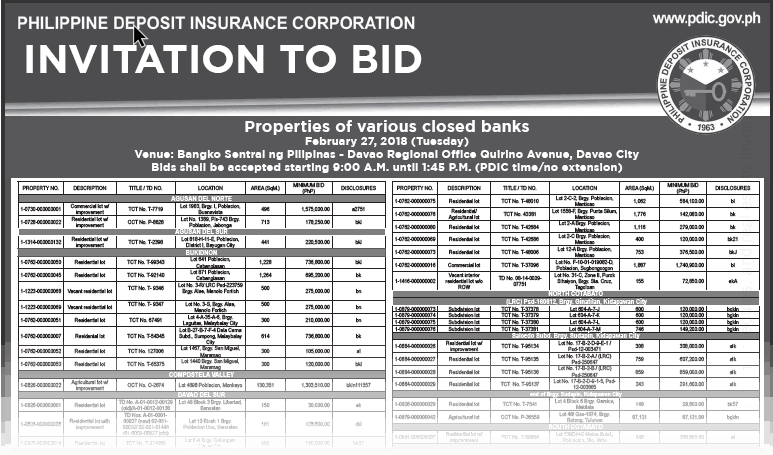 pdic foreclosed properties bidding february 27 2018