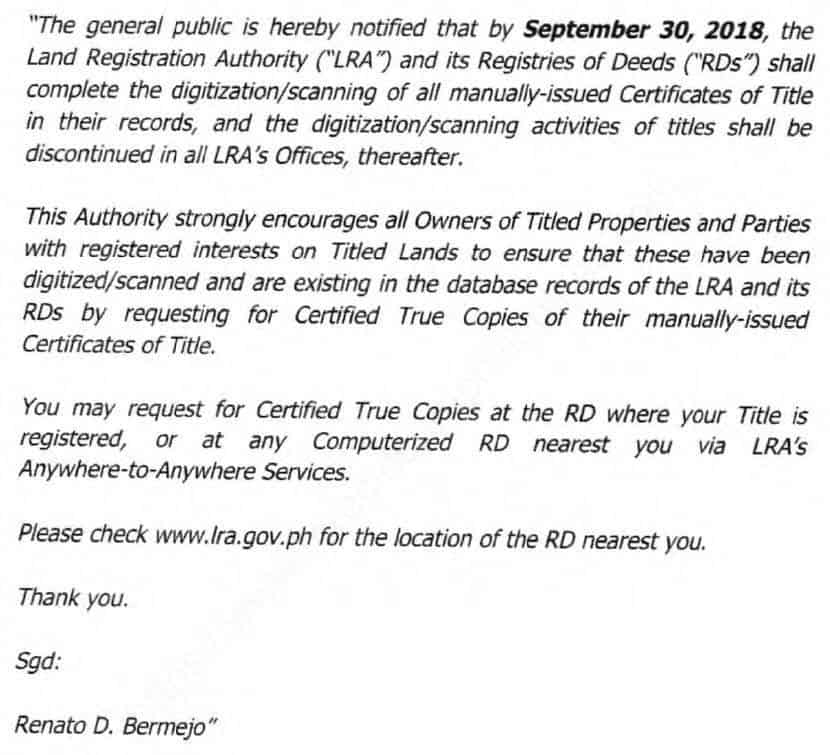 Excerpt of LRA notice published last July 31, 2018