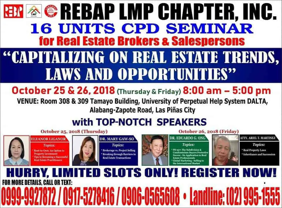 Where to get cpd units for real estate brokers in 2018? Try this one from REBAP-LMP!