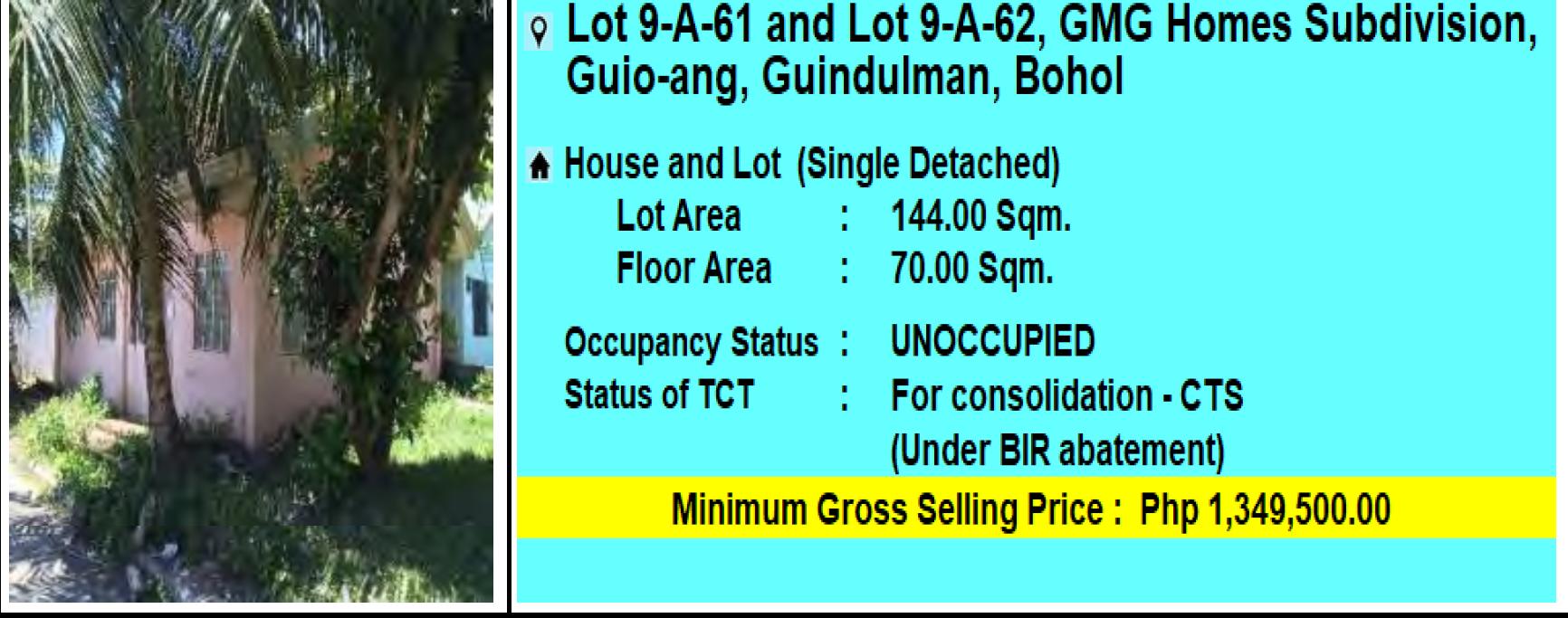PagIBIG Foreclosed SINGLE DETACHED LOT 9A61 & 9A62, GMG HOMES