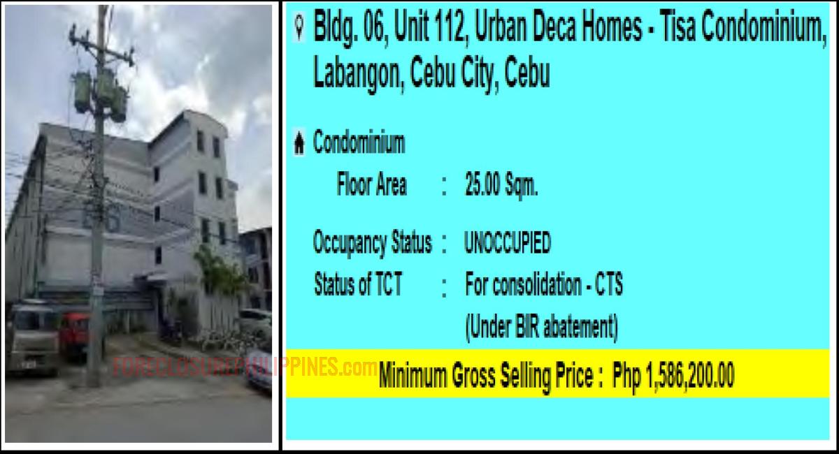 PagIBIG Foreclosed CONDOMINIUM at B06112, URBAN DECA HOMES TISA CONDOMINIUM, LABANGON, CEBU