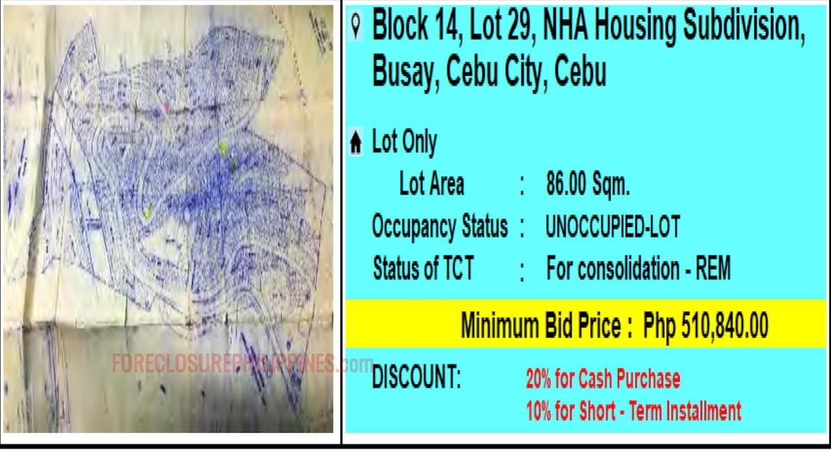 PagIBIG Foreclosed LOT ONLY at LOT 29, BLOCK 14, NHA HOUSING SUBDIVISION, BUSAY, CEBU CITY