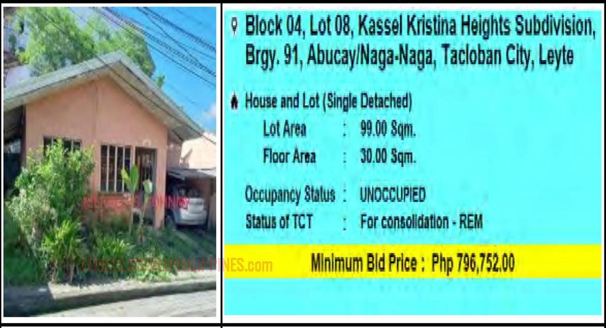 PagIBIG Foreclosed House and Lot (Single Detached) at LOT 08, BLOCK 04