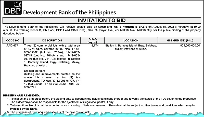DBP Foreclosed Property in Boracay details/invitation to bid