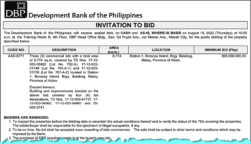 DBP Foreclosed Property in Boracay details/invitation to bid