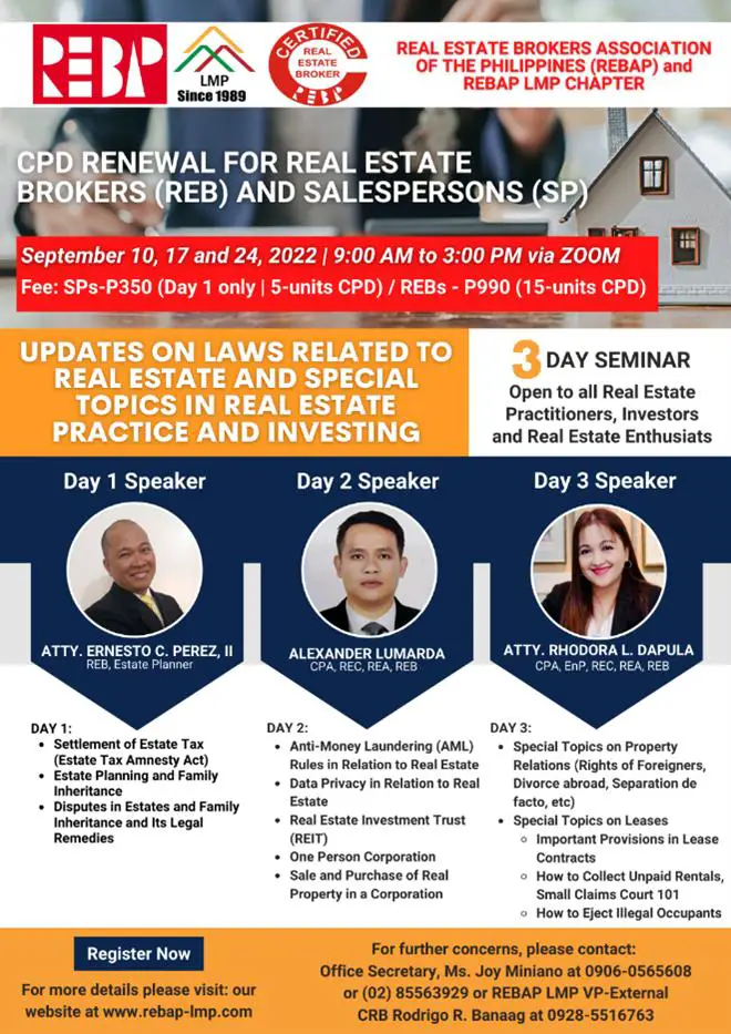 CPD seminar details for real estate brokers, salespersons (renewal) and also for real estate investors in the Philippines