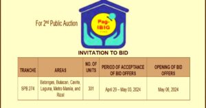 Pag-IBIG NCR Tranche 274 (2nd Auction) April 29 to May 3, 2024 (pdf viewer/ download)