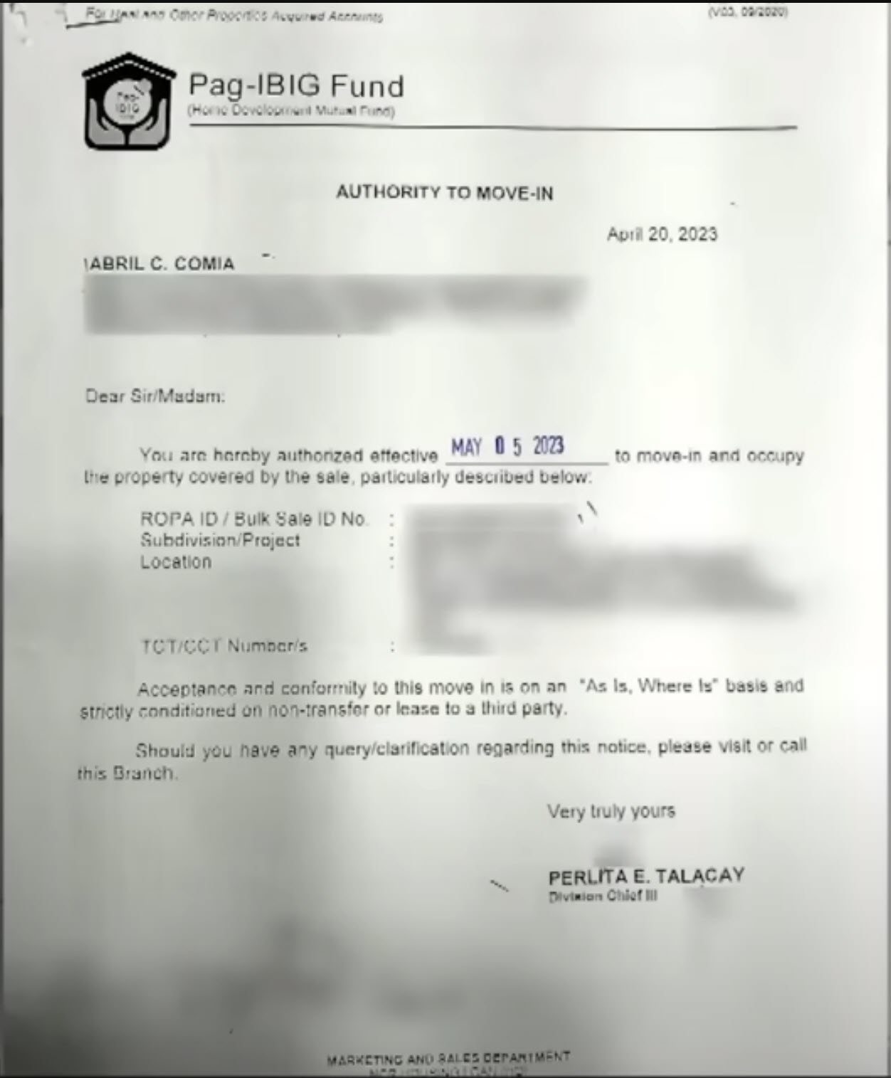 authority to move in for pag-ibig acquired asset