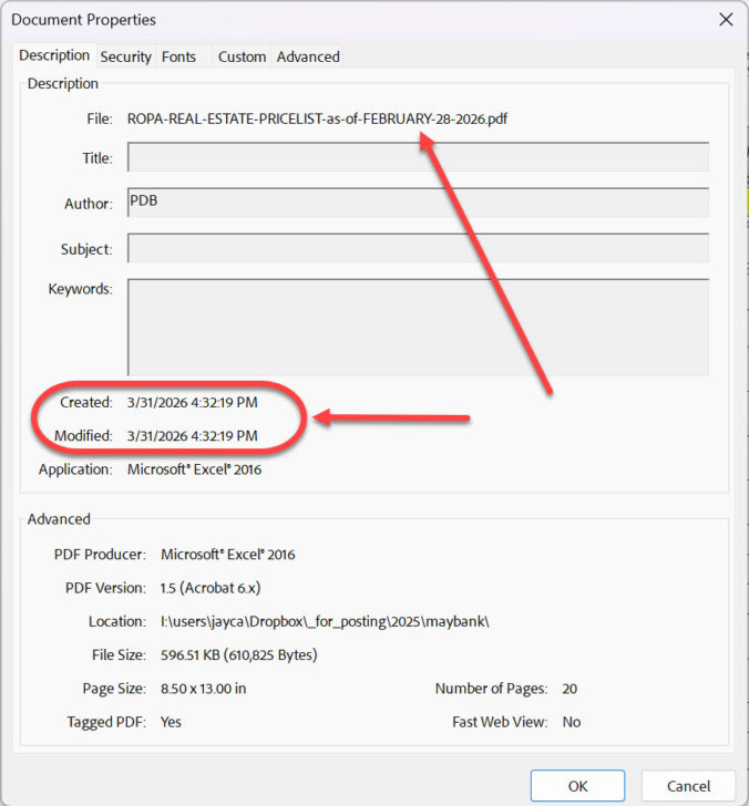 Document properties using Adobe Acrobat.